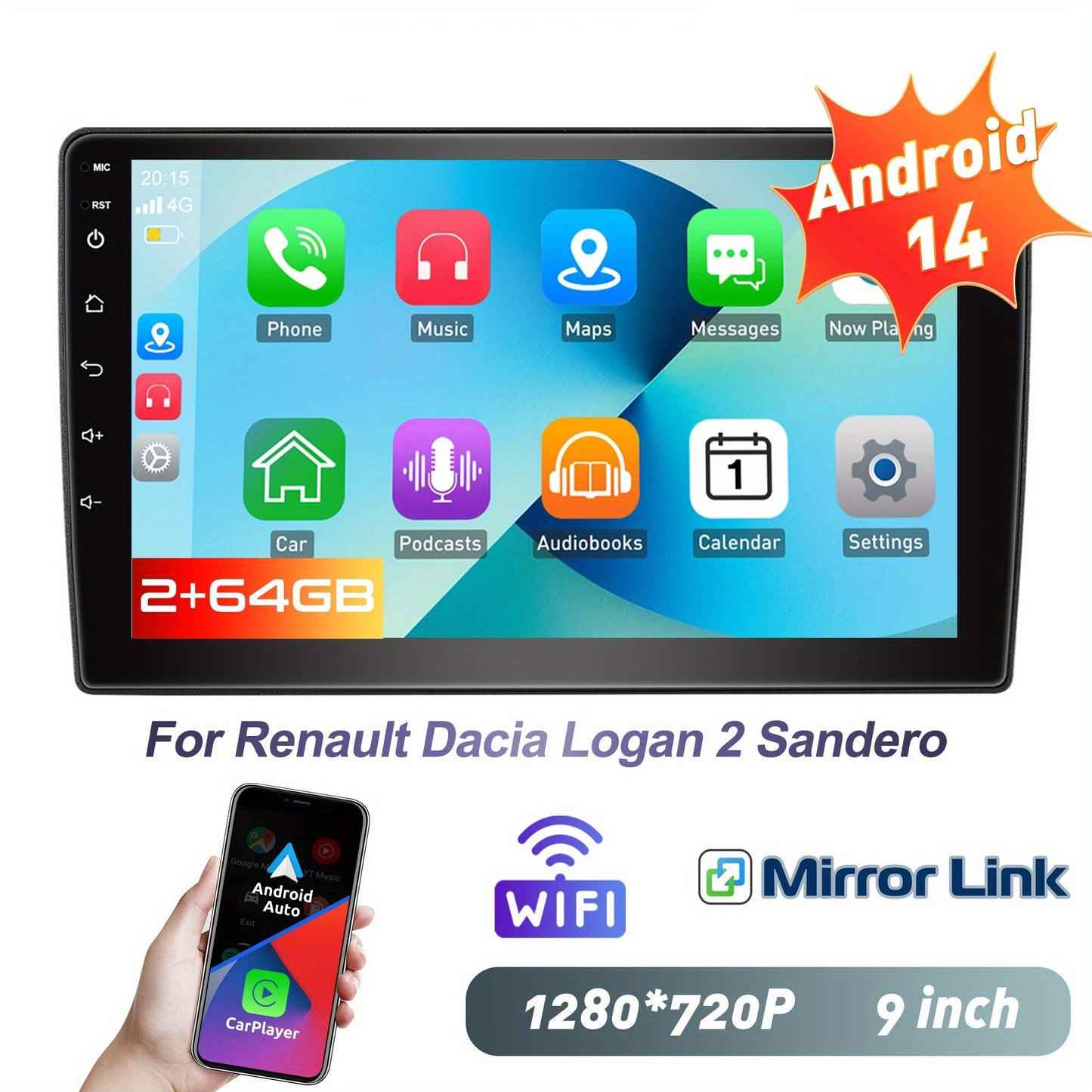 Autoradio – Auto Radio – Multimediaspeler – 2-DIN Radio – 9 Inch IPS Touchscreen – Android 14 – Bluetooth & Handsfree Bellen