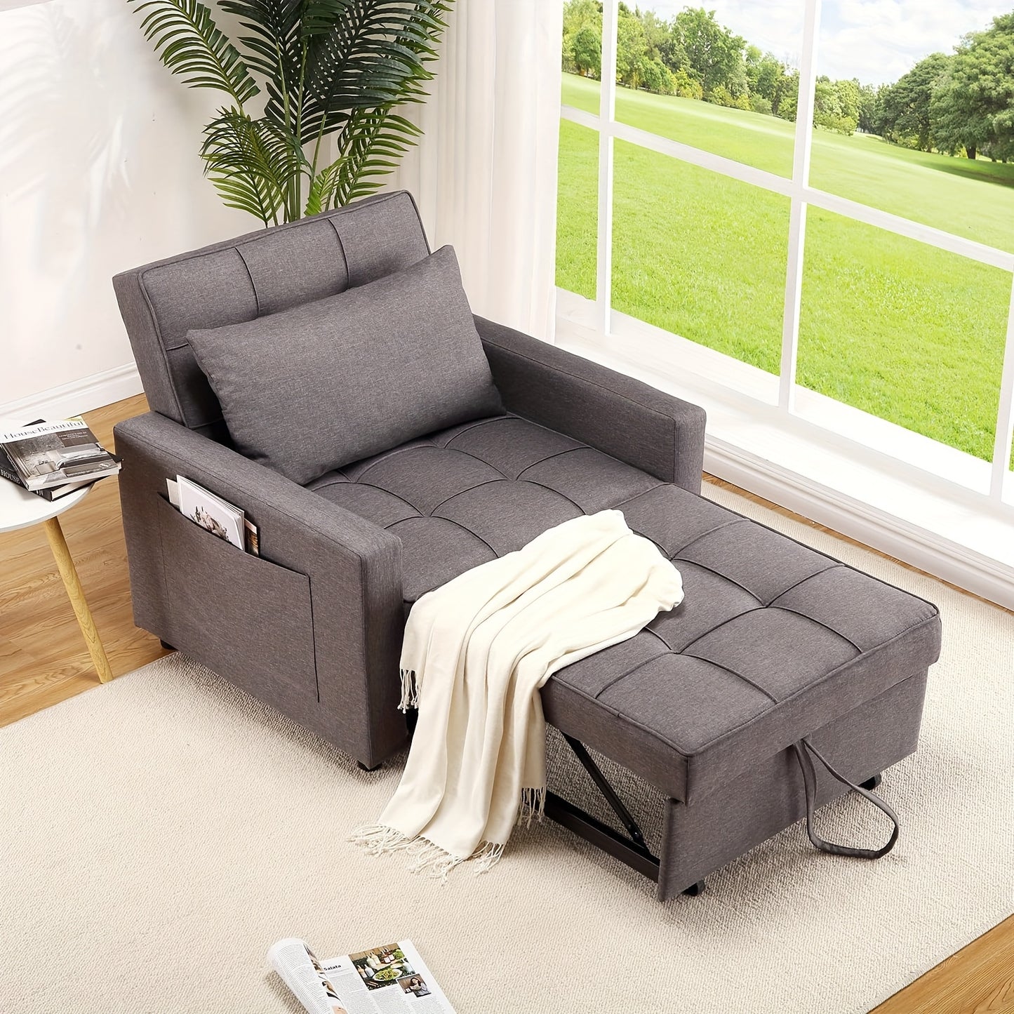 3-in-1 Slaapstoel – Slaapbank – Loungestoel – Relaxzetel – Opklapbare Stoel – Verstelbare Rugleuning 90°-180° – Stevig Metalen Frame – Donkergrijs Linnen