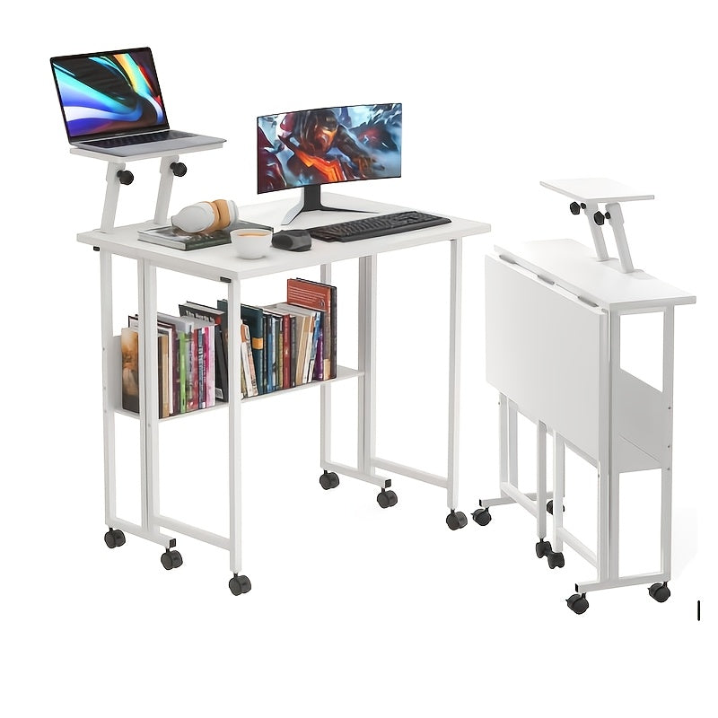 Computertafel – Computerbureau – Bureautafel – Inklapbaar Bureau – Op Wielen – Compact Formaat 58x80x75 cm – Inclusief Opbergrek