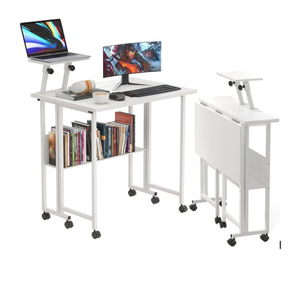 Bureau – Schrijftafel – Computertafel – Werktafel – Opvouwbaar Bureau – Inklapbaar – Met Wieltjes – Verstelbare Monitorstandaard – Compact 80x58x76 cm