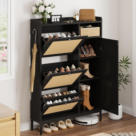 Schoenenkast – Schoenenrek – Schoenkast – Schoenenopberger – Schoenenbankje – Rattan Design – 32-40 Paar Schoenen – Verstelbare Planken