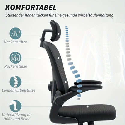 Ergonomic Office & Gaming Chair with Adjustable Lumbar Support, Breathable Mesh Backrest, Height-Adjustable Armrests (Foldable), 95°-110° Reclining Mechanism, Memory Foam Seat Cushion & Five-Wheel Base - Heavy-Duty Hardwood