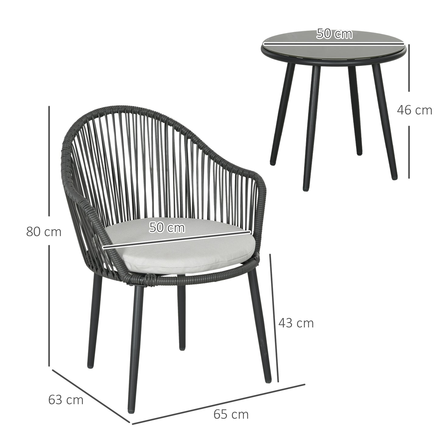 Bistroset – Tuinset – Balkonset – Tuintafelset – Rattanmeubel – Weerbestendig – Gepoedercoat Stalen Frame – Comfortabele Kussens – Donkergrijs