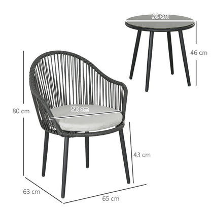 Bistroset – Tuinset – Balkonset – Tuintafelset – Rattanmeubel – Weerbestendig – Gepoedercoat Stalen Frame – Comfortabele Kussens – Donkergrijs