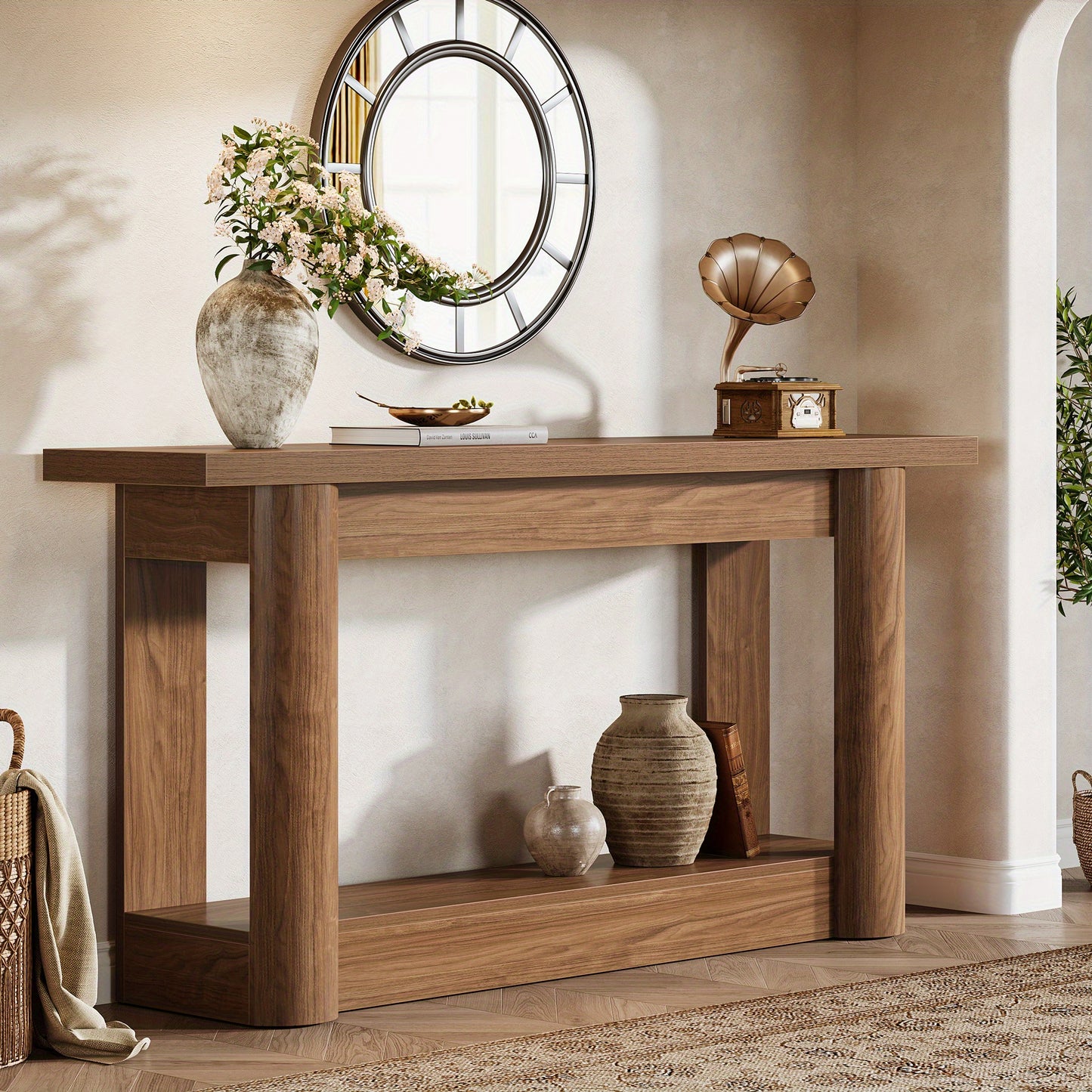 Console Tafel – Sofa Tafel – Sidetable – Haltafel – Accenttafel – 160 cm – U-Vormige Grijze Basis – Vintage Brown & Gray – Houten 2-Lagen – Landelijk Design