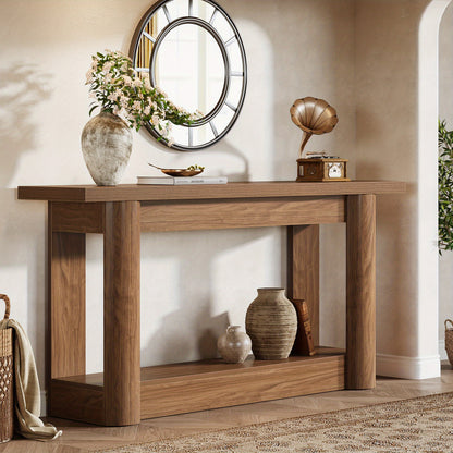 Console Tafel – Sofa Tafel – Sidetable – Haltafel – Accenttafel – 160 cm – U-Vormige Grijze Basis – Vintage Brown & Gray – Houten 2-Lagen – Landelijk Design
