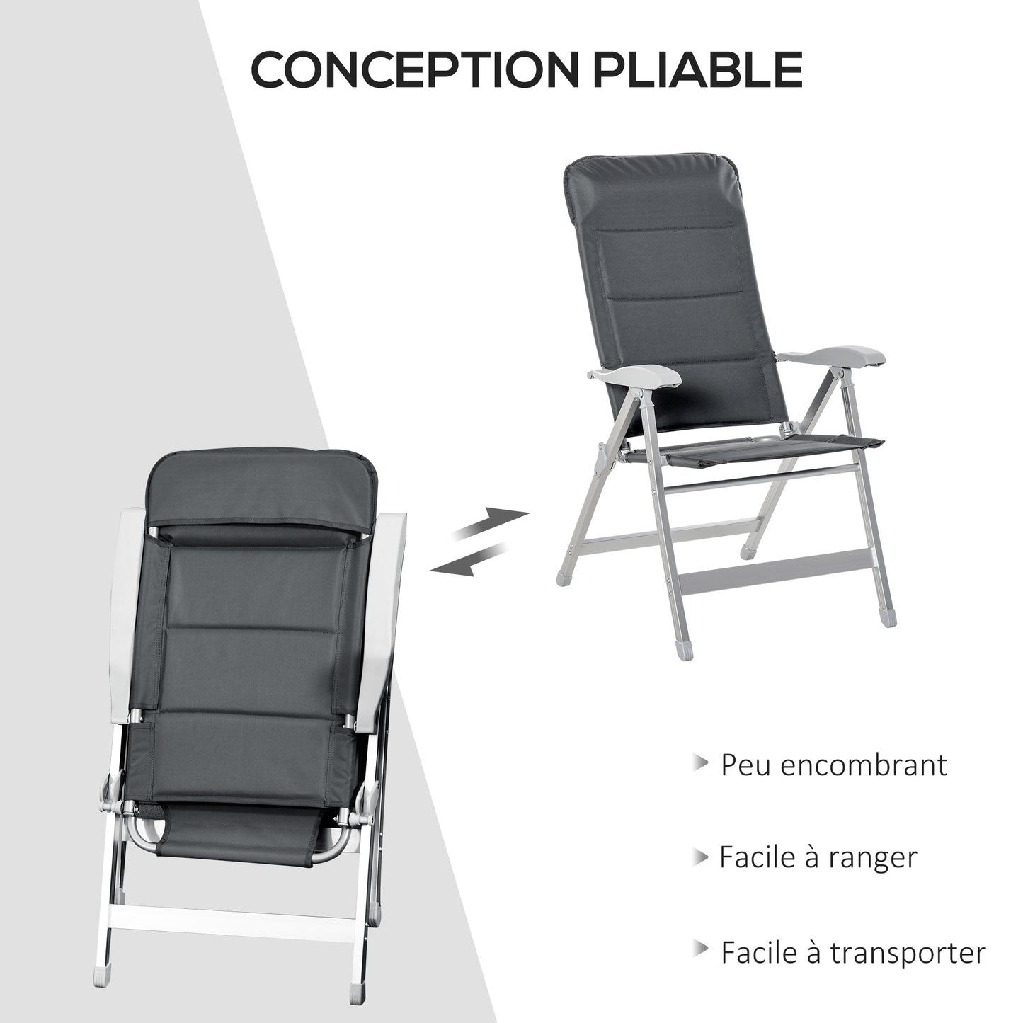 Tuinstoelen – Klapstoelen – Balkonstoelen – Campingstoelen – Verstelbare Tuinstoelen Donkergrijs – Aluminium Frame – Inklapbaar Met Hoge Rugleuning