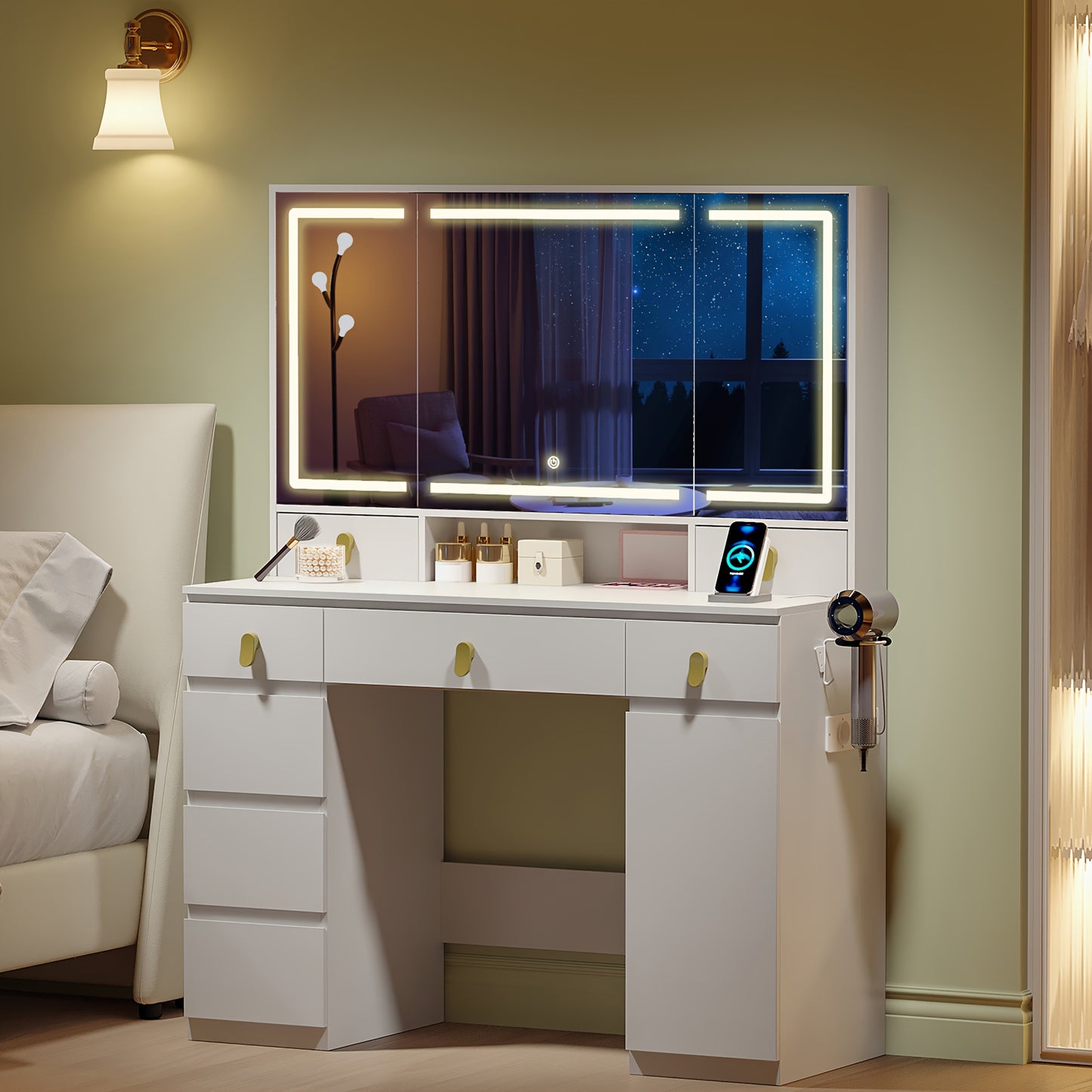 Make-up Tafel – Kaptafel – Beauty Tafel – Schminktafel – Dressing Table – Wit – Grote Spiegel met LED-Verlichting – 8 Lades en Stopcontacten