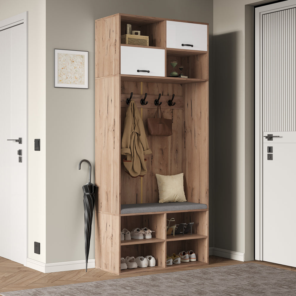 Kapstok – Halmeubel – Garderoberek – Zitbank – Opbergmeubel – 5 Haken – 2 Deuren Met 6 Open Vakken – Natuurlijk Hout Met Wit – 80x185x35 cm