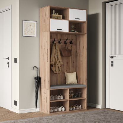 Kapstok – Halmeubel – Garderoberek – Zitbank – Opbergmeubel – 5 Haken – 2 Deuren Met 6 Open Vakken – Natuurlijk Hout Met Wit – 80x185x35 cm