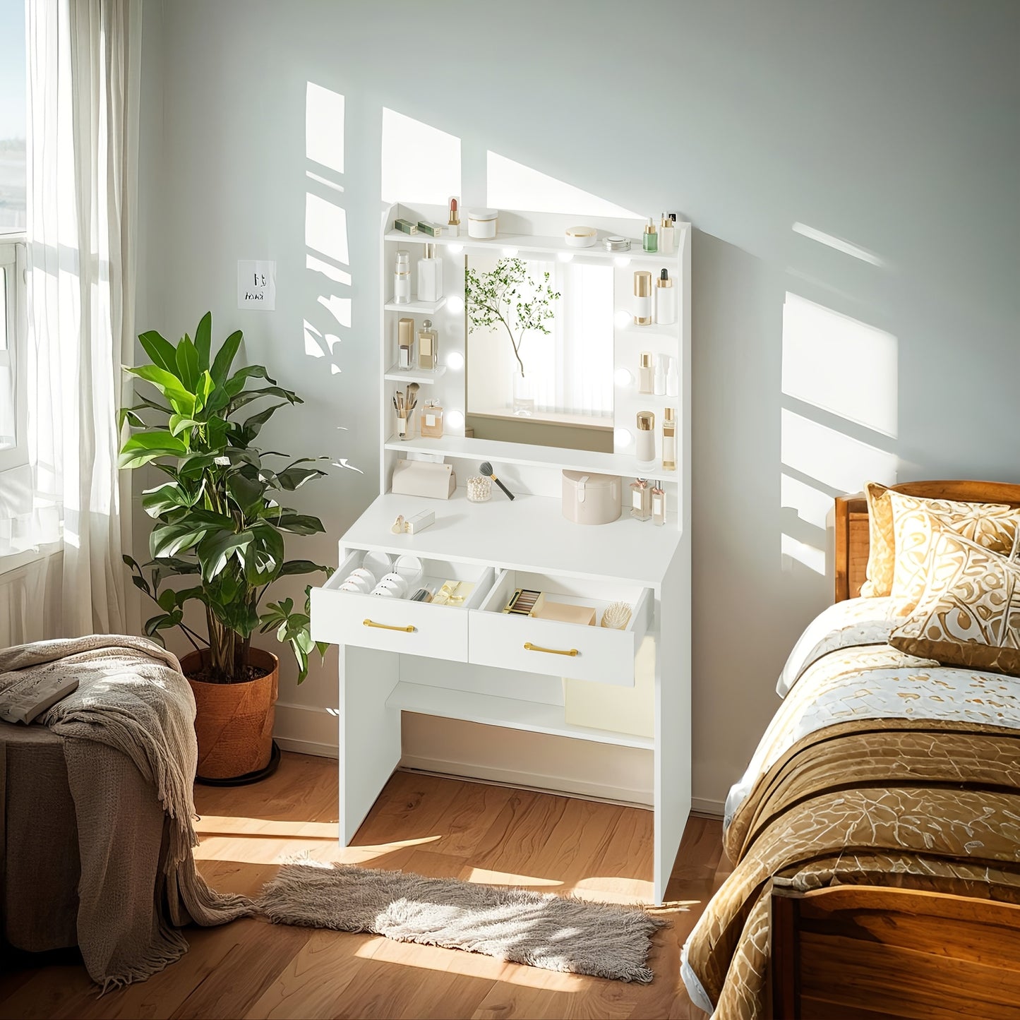 Dressing Table with Mirror And LED Light, Accessory Storage, Adjustable Brightness, Dressing Table with Shelves And 2 Drawers, Jewelry Cabinet, for Bedroom, Living Room, 40 X 80 X 149cm, White - QUORE