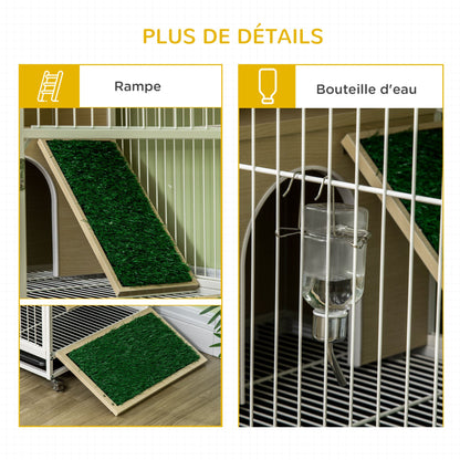 Konijnenkooi – Houten Dierenhok – Knaagdierkooi – Dierenverblijf – Kooi Met Wielen – Met Openend Dak – Platformen Met Verwijderbare Lade – 78 x 52,5 x 76,5 cm – Natuurlijk Hout