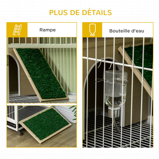 Konijnenkooi – Houten Dierenhok – Knaagdierkooi – Dierenverblijf – Kooi Met Wielen – Met Openend Dak – Platformen Met Verwijderbare Lade – 78 x 52,5 x 76,5 cm – Natuurlijk Hout