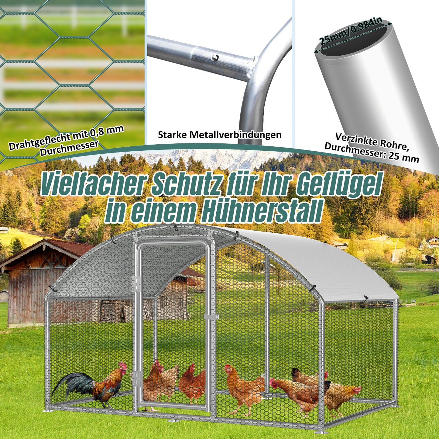 Chicken Coop Free-Range Enclosure, 3X2X2M/3X4X2M/3X6X2M/3X8X2M Galvanized Steel, Chicken House Dome Roof with Lock And Pe-Colored Tarpaulin, Easy to Clean, for Chicken Cage Bird Cage.