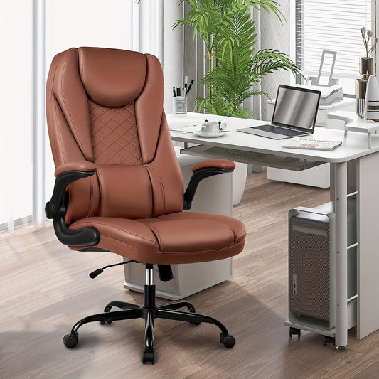 Ergonomische Bureaustoel – Bureaustoel Met Hoge Rugleuning – Kantoorstoel – Werkstoel – Draaistoel – Bruin – Verstelbare Kantelfunctie – Kunstleren Bekleding