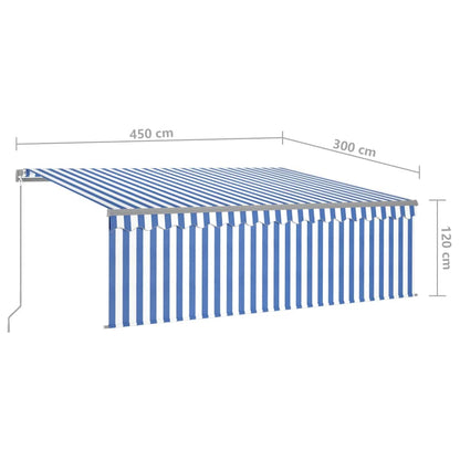 Uitschuifbare Zonwering – Terrasoverkapping – Schaduwdoek – Zonnescherm – Buitenluifel – Blauw-Wit Gestreept – Aluminium Frame – 4,5x3 Meter – UV- en Waterbestendig