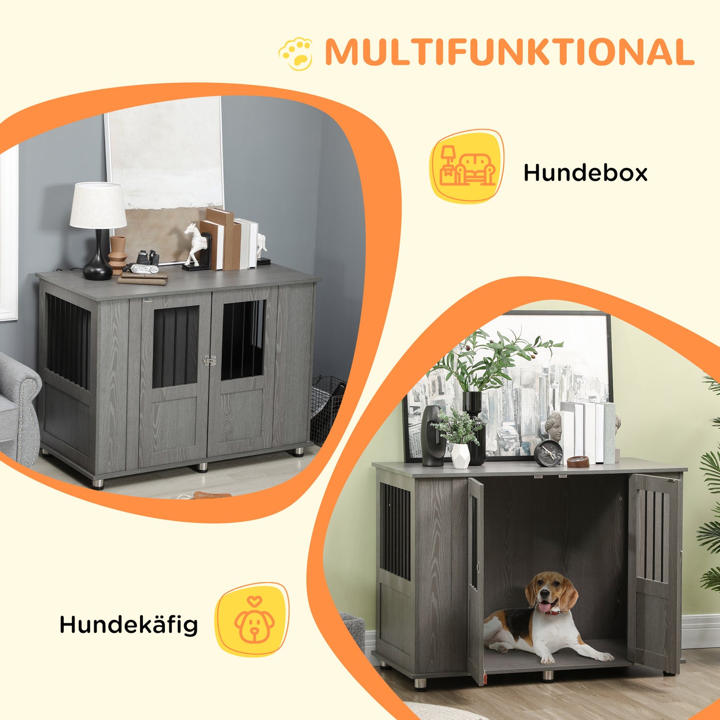 Hondenbench – Hondenkooi – Hondenbox – Hondenhok – Dierenbench – Grijs – Dubbele Deuren Met Slot – Afmeting 116x60x87 Cm