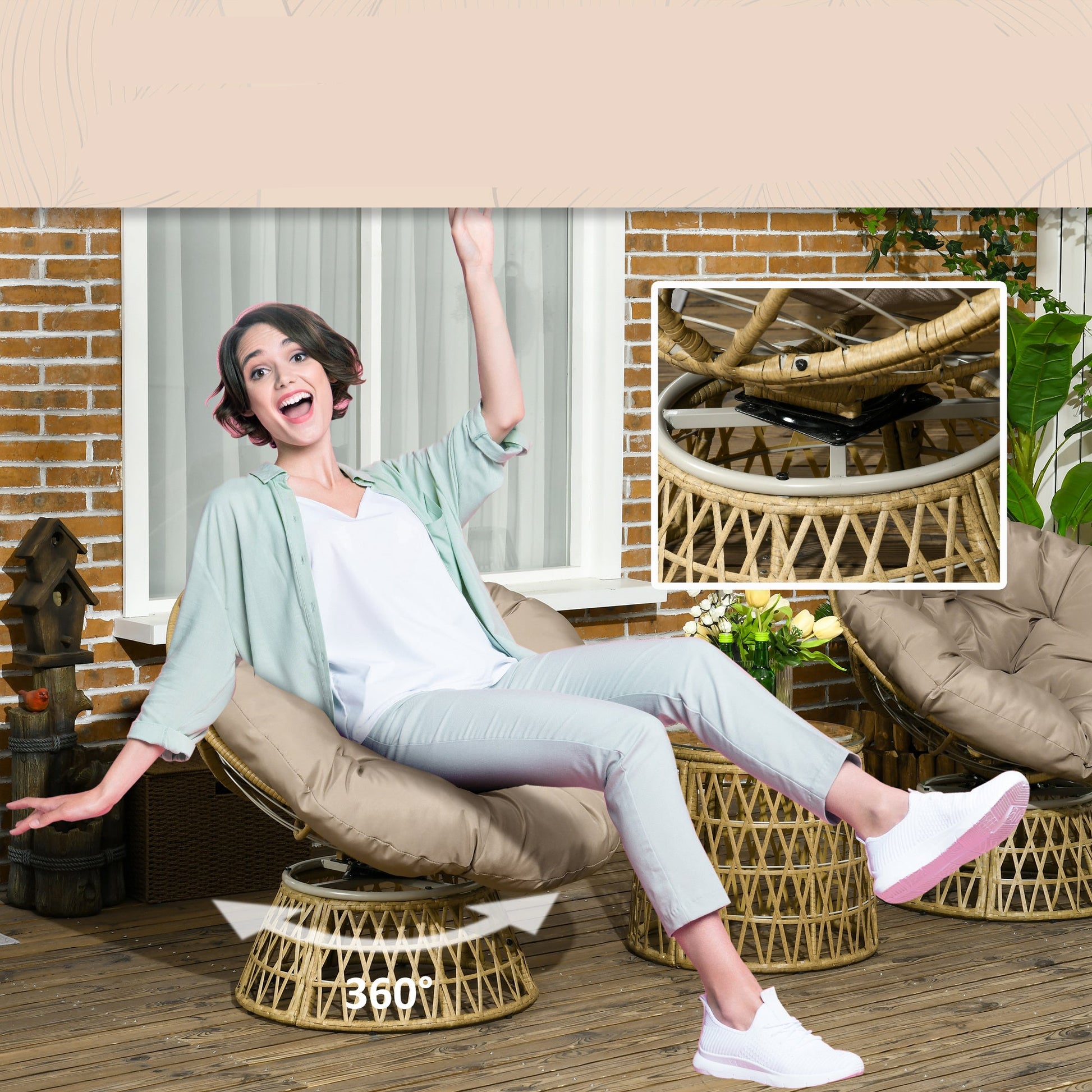 Patio Set – Loungeset – Fauteuilset – Tuinmeubelset – Buitenset – Draaibare Papasan Stoelen – Ronde Tafel – UV-Bestendig – Polyester Rattan – Bruin – 3-Delig – Incl. Kussens - QUORE