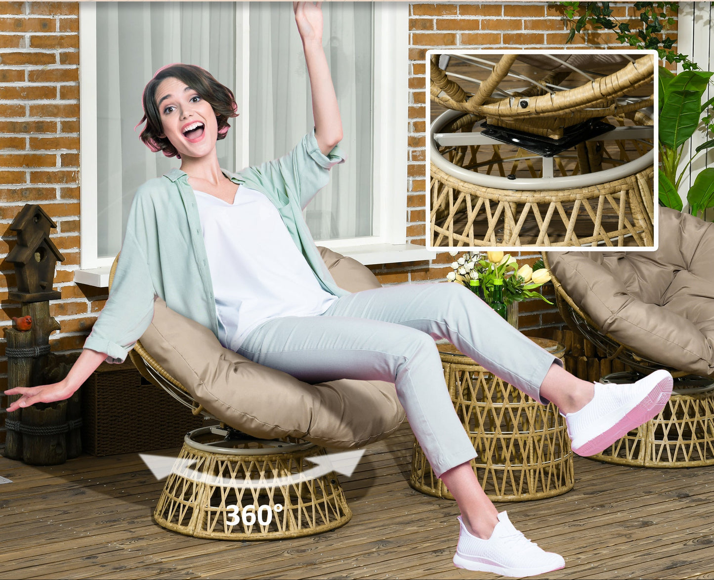 3-Delige Tuin Loungeset – Papasan Stoelen – Draaibare Tuinstoelen – Ronde Tafel – Buitenmeubel Set – Weerbestendig – Met 10 cm Dikke Kussens – Bruin Vlechtwerk