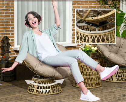 3-Delige Tuin Loungeset – Papasan Stoelen – Draaibare Tuinstoelen – Ronde Tafel – Buitenmeubel Set – Weerbestendig – Met 10 cm Dikke Kussens – Bruin Vlechtwerk