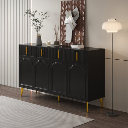 Dressoir – Opbergkast – Ladekast – Commode – TV-meubel – Mat Zwart Met Gouden Accenten – 4 Deuren En 4 Laden – Hardhout Met Afneembaar Laminaat – 140 cm Breed