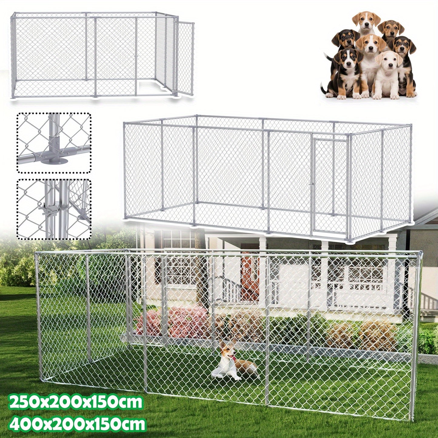 Hondenren – Puppyren – Hondenkennel – Dierenren – Konijnenren – 250 x 200 x 150 cm – Gegalvaniseerd Staal – Veilig Slot