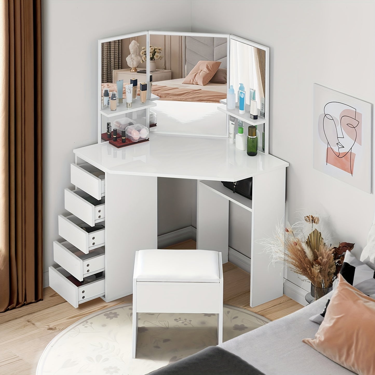 Hoek Make-uptafel – Make-uptafel – Kaptafel – Schminktafel – Toillet tafel – Wit Design – 5 Lades & 3 Spiegels – Inclusief Kruk