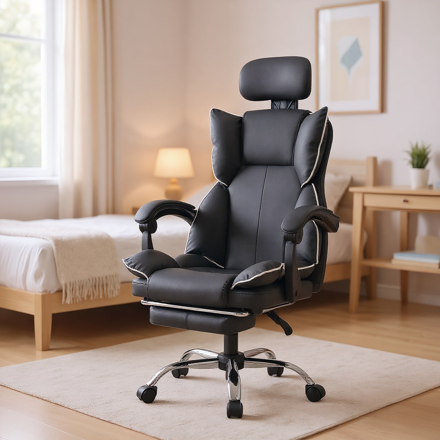 Gamingstoel – Bureaustoel – Kantoorstoel – Gamestoel – Computestoel – Verstelbaar in Hoogte – PU Leer Met Zachte Schuimvulling – Zwart Met Wit Randje – Ergonomische Rugondersteuning – 5-Wiel Basis Voor Tapijt