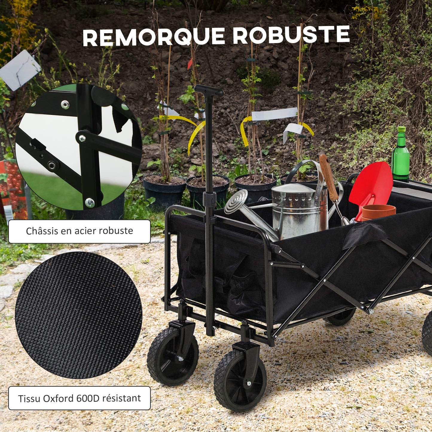 Strandkar – Bolderkar – Transportkar – Opvouwbare Bolderwagen – Trekkar – Verstelbare Telescoopgreep – Opvouwbare Tafelplaat – Polyester Stalen Frame – 117x51x100 cm – Zwart