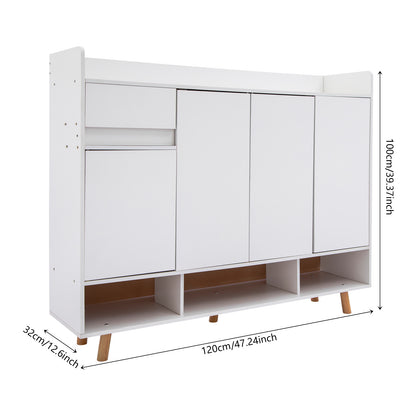 Schoenenkast – Schoenenrek – Schoenenopberger – Schoenenbank – Voordeurkast – Vrijstaand – Ventilatiegaten – Met Lade en 4 Deuren – MDF – Verhoogde Beschermrail – Warm Wit