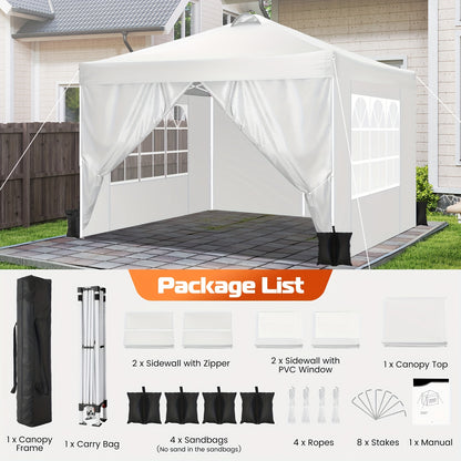 3.05x3.05meter Pop-up Tent, Party Canopy, Folding Gazebo, with 4 Detachable Side Walls, Portable Bag, Sandbag And Ground Stake, Height Adjustable, Easy to Install, Suitable for Weddings, Camping, Gardens, Market Stalls, Outdo