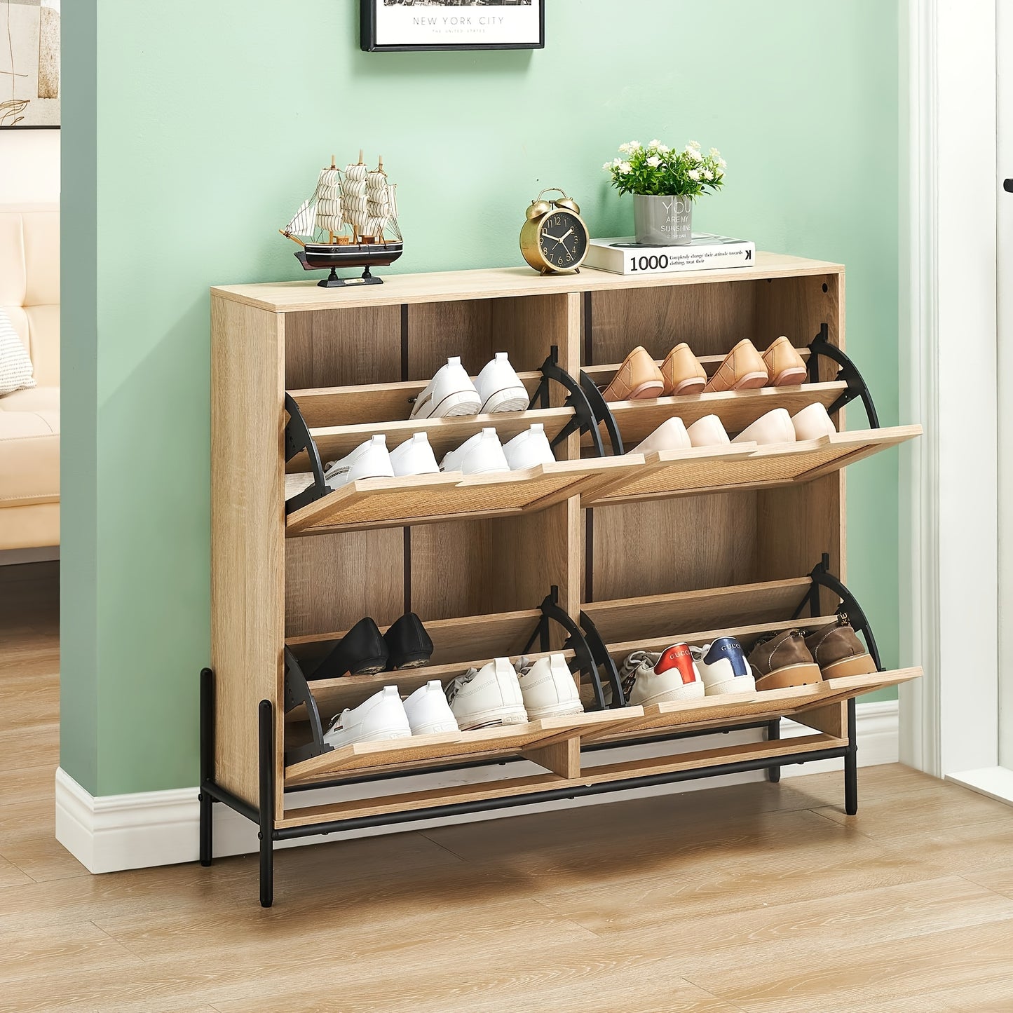 Schoenenkast – Schoenenrek – Schoenenopberger – Schoenenbank – Smal Meubel – 4 Deuren Met Flip-Up – Verstelbare Planken – 24 Cm Diep – 100 x 88 Cm
