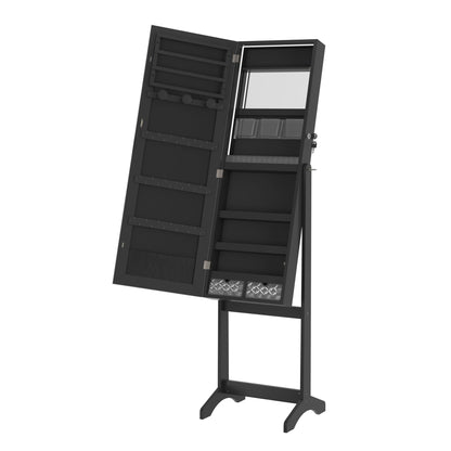 Sieradekast – Juwelendoos – Sieradenkist – Sieradenopberger – Staande Kast – Verstelbare Spiegel – Afsluitbaar Slot – MDF Constructie – Ruimtebesparend Design – 152x39,5x36,5 cm – Zwart met Zwarte Bekleding