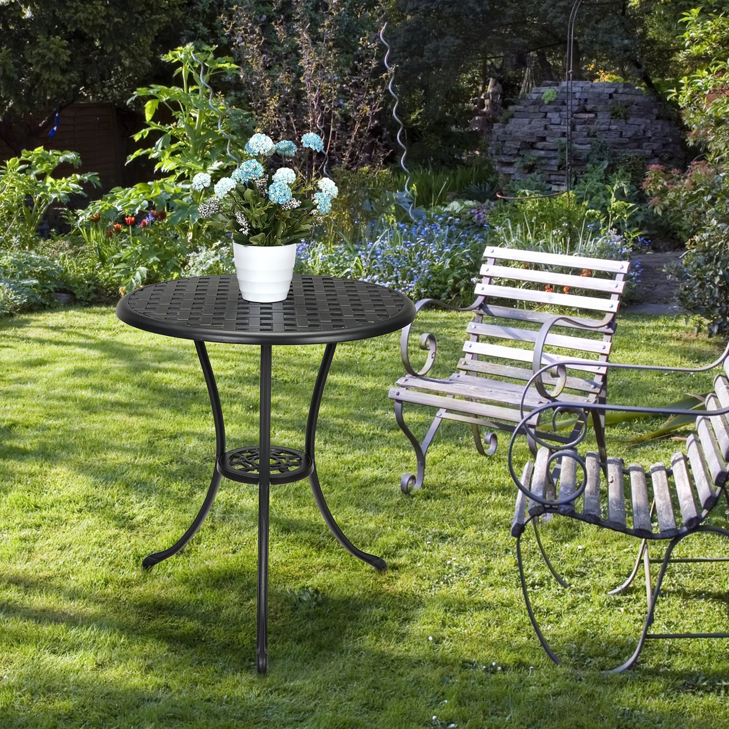 Buitentafel Rond – Bistrotafel – Tuin tafel – Balkon tafel – Terras tafel – Zwart – 60,96 cm Met Parasolgat – Gietaluminium Met Wicker Tafelblad – Weerbestendig En Stevig