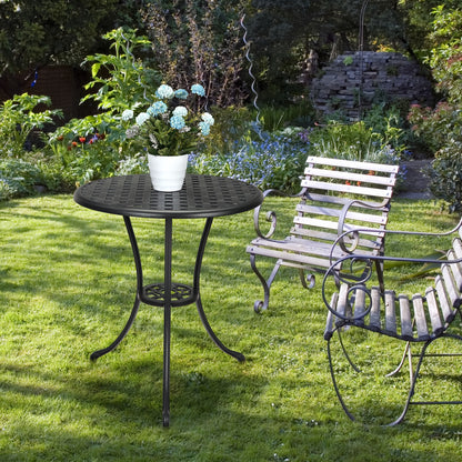 Buitentafel Rond – Bistrotafel – Tuin tafel – Balkon tafel – Terras tafel – Zwart – 60,96 cm Met Parasolgat – Gietaluminium Met Wicker Tafelblad – Weerbestendig En Stevig