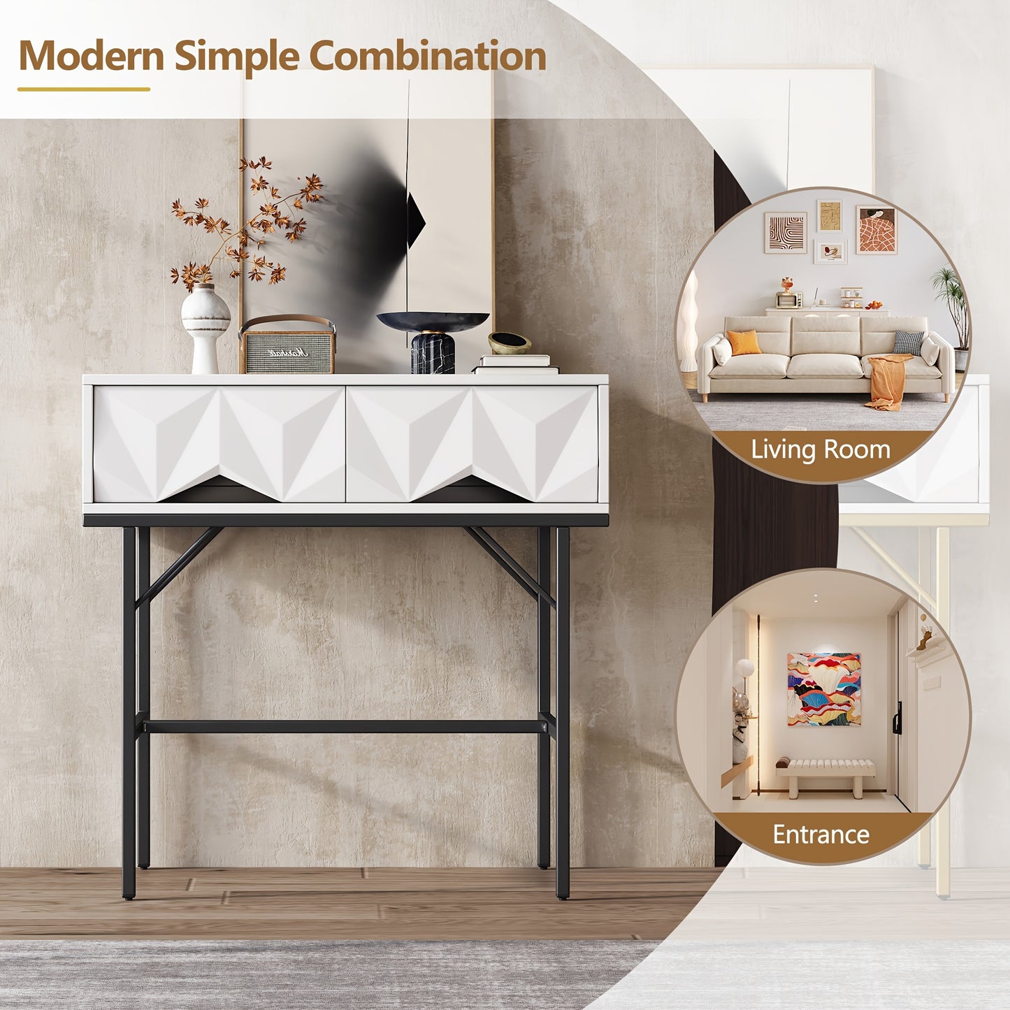 Moderne Sidetable – Haltafel – Wandtafel – Opbergtafel – Console Tafel – Geometrisch 3D Ladesysteem – Wit Met Zwarte Poten