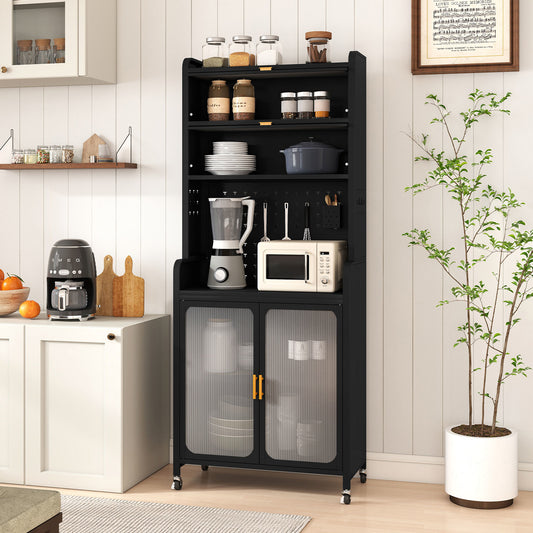 Keukenkast – Buffetkast – Opbergkast – Kast op Wielen – Keukenmeubel – Multifunctioneel – 6 Verstelbare Planken – Transparante Deuren – Zwart