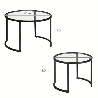 Bijzettafel Set – Salontafel – Side Table – Cocktailtafel – Tafeltje – Zwart Stalen Frame – Gehard Glasblad – Deels Stapelbaar – Voor Woonkamer & Lounge