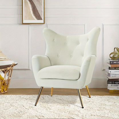 Fauteuil – Lounge Stoel – Leunstoel – Wing Chair – Relaxfauteuil – Fluwelen Bekleding – Gouden Metalen Poten – Comfortabel Design – Voor Woonkamer en Slaapkamer – Ivoor Kleur