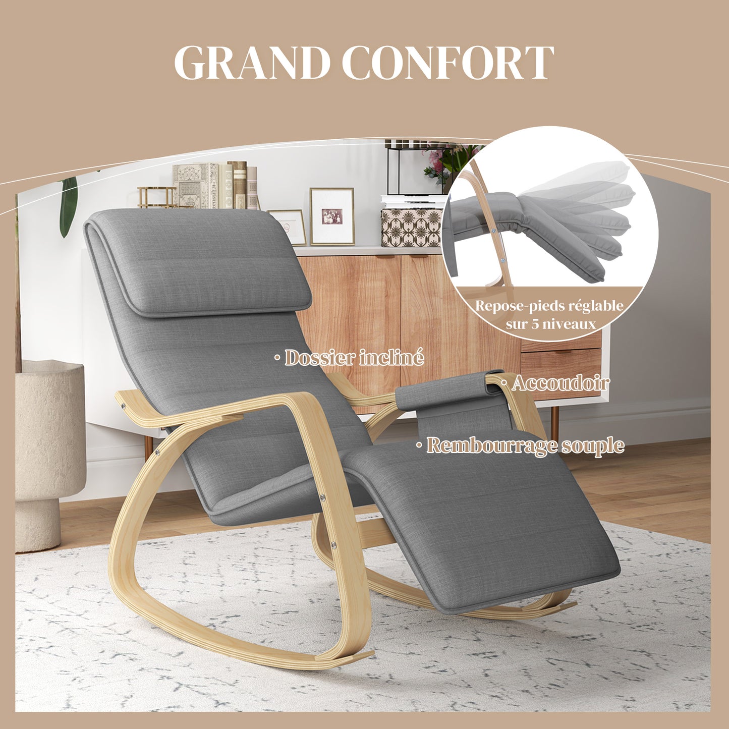 Schommelstoel – Relaxstoel – Fauteuil – Voedingsstoel – Schommelstoel Babykamer – Verstelbare Voetsteun – Stevig Houten Frame – Grijs