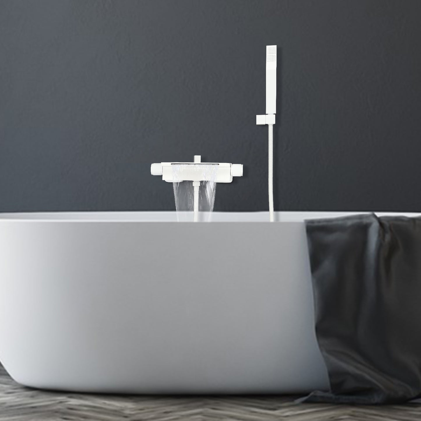 Muurmaandkraan – Badkraan – Douchekraan – Watervalkraan – Handdouche – Duurzaam Messing – Witte Mat Design