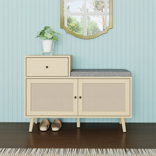 Schoenbank – Schoenopberger – Halbank – Opbergbank – Zitbank – Bohemian Stijl – Rieten Dubbele Deuren – Gestoffeerde Zitting – Compact Formaat 90x35x65 cm – Natuurlijke Houtlook