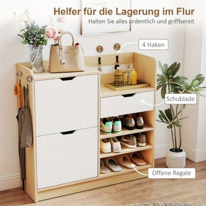 Shoe Cabinet, Suitable for Hallways, Featuring a Lift-up Drawer, Open Shelving and Four Hooks, Accommodating up to Fourteen Pairs of Shoes, Natural Finish.