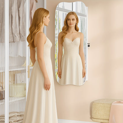 Jewelry Cabinet, Mirror Cabinet, Wall Cabinet With LED Lighting, Wall Cabinet With Mirror, Lockable, With Interior Mirror, Surface In White, Interior Lining In Greige, Jewelry Armoires