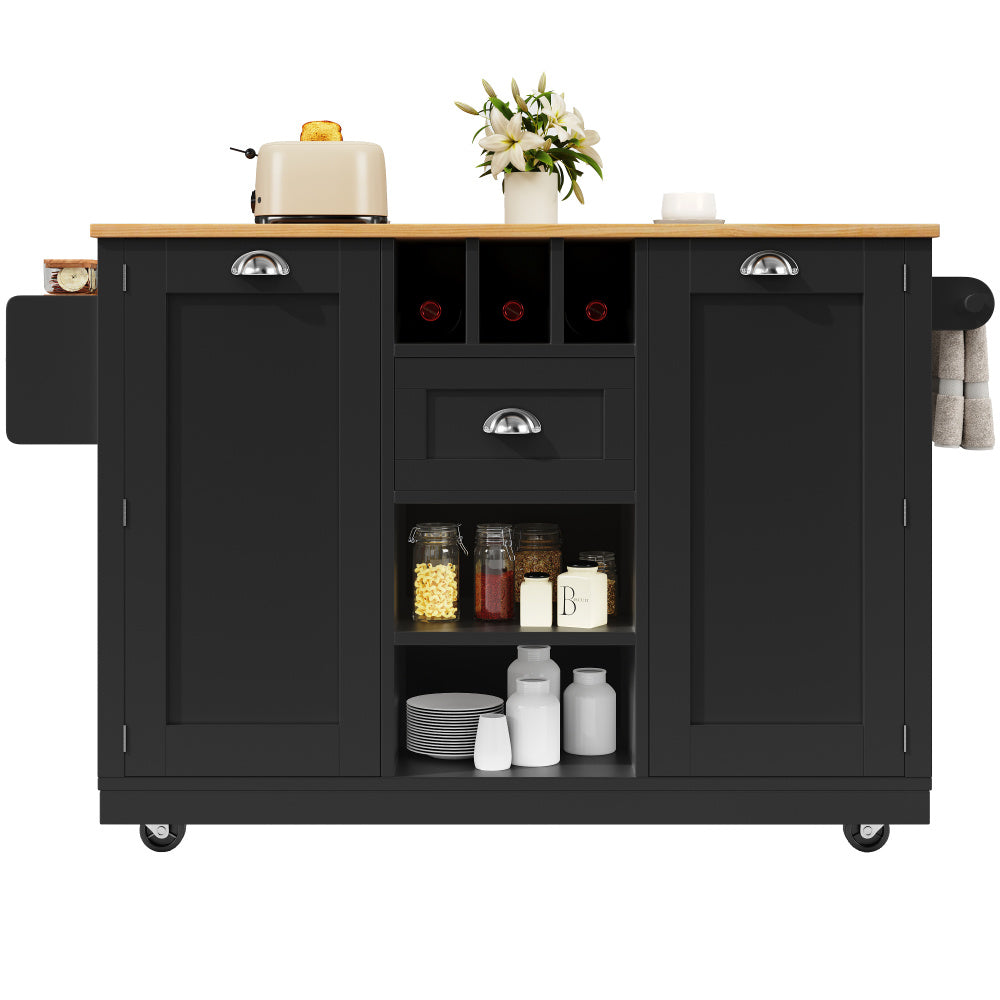 Kitchen Island – Sideboard – Buffetwagen – Keukentrolley – Serveerwagen – Zwart – Met Wijnrek – 4 Zwenkwieltjes