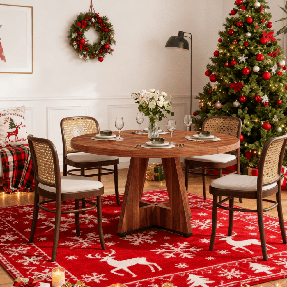 1pc Extra Large 47-Inch Round Dining Table - Farmhouse Modern design with Brown, Easy Assembly, Sturdy Base for Dining Room, Living Room, for home Office - Seats 4 Adults, Space-Saving Round Kitchen Table for Small Spaces