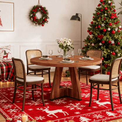 1pc Extra Large 47-Inch Round Dining Table - Farmhouse Modern design with Brown, Easy Assembly, Sturdy Base for Dining Room, Living Room, for home Office - Seats 4 Adults, Space-Saving Round Kitchen Table for Small Spaces