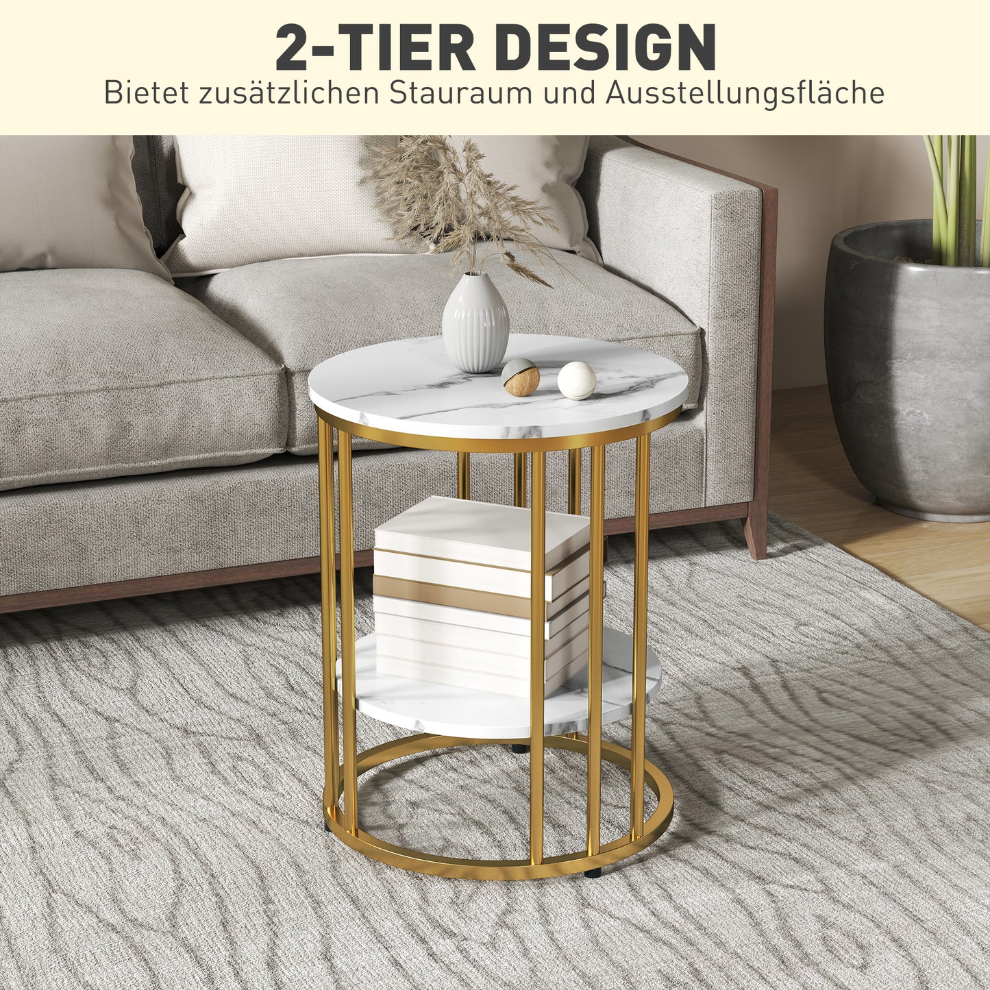 Bijzettafel – Bijzettafels – Salontafel – Nachtkastje – Side Table – Set Van 2 Ronde Tafels – Marmer-Look Tafelblad – Open Opbergruimte Met Metaal Frame