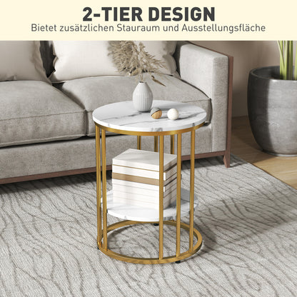 Bijzettafel – Bijzettafels – Salontafel – Nachtkastje – Side Table – Set Van 2 Ronde Tafels – Marmer-Look Tafelblad – Open Opbergruimte Met Metaal Frame