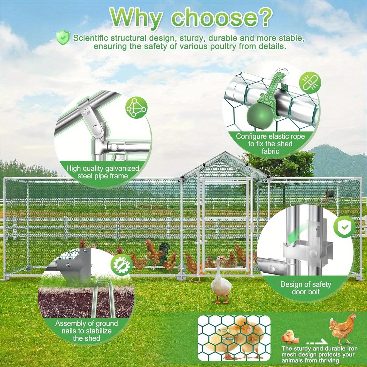 LZQ 4x1m/5x1m Metal Chicken Coop with Sunshade, Door & Latch - Sturdy Rust-Resistant Iron Frame, Half-Enclosure Design for Garden Birds, Ducks, Small Animals - No Electricity Needed, Chicken Coop Accessories, Durable Construc